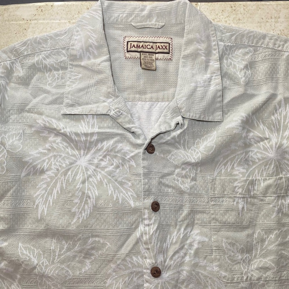 Jamaica Jaxx‎ Mens XXL Silk Palm Tree Jacquard Short Sleeve Button Up Shirt Sage